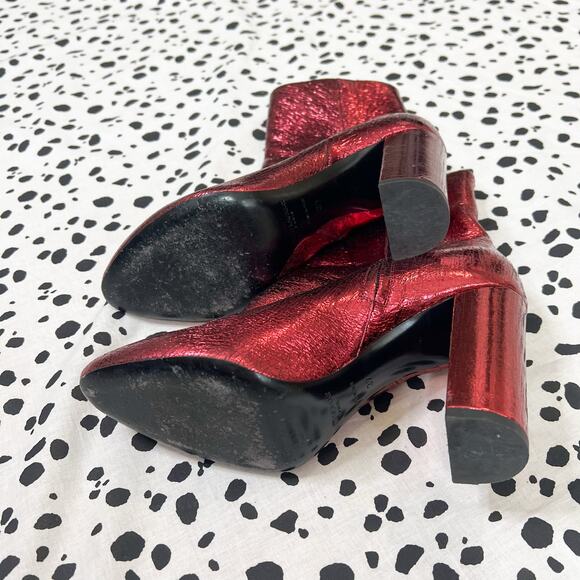 Saint Laurent | YSL Lou Crackled Metallic Red Leather Designer Heeled Boots 37 - Picture 7 of 10